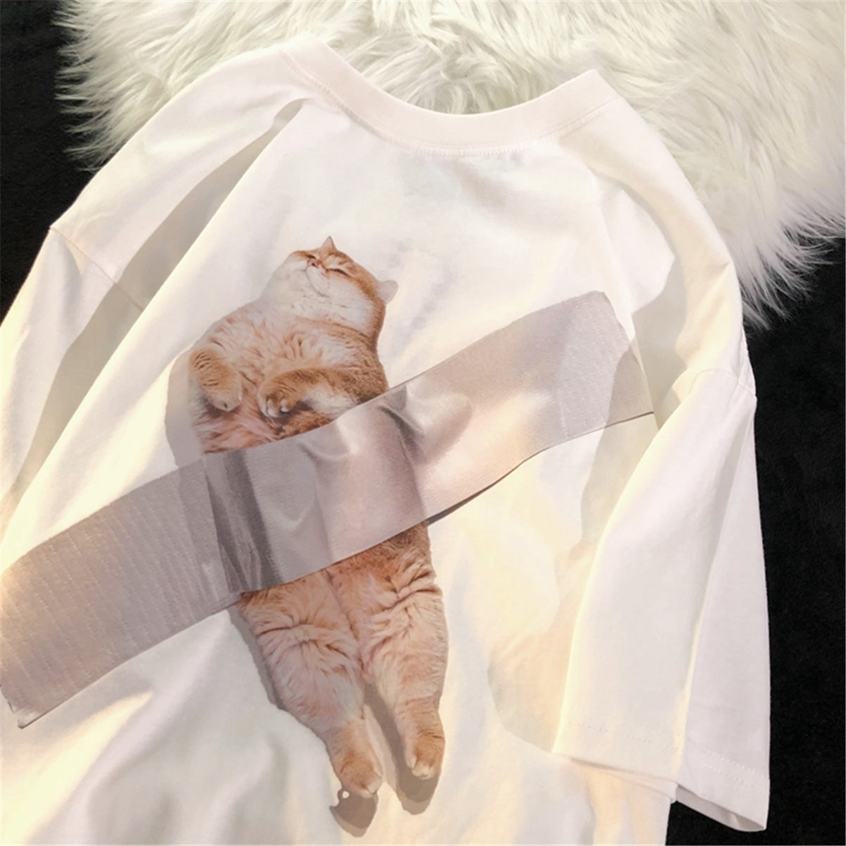 Loose Design American Retro Cat Short Sleeve T-shirt