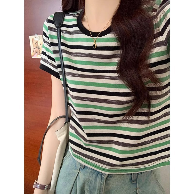 Women's Green Striped Regular-fit Slim Short-sleeve T-shirt