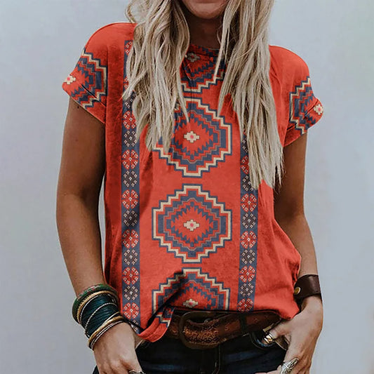Women's Retro Floral-print Short-sleeve Top