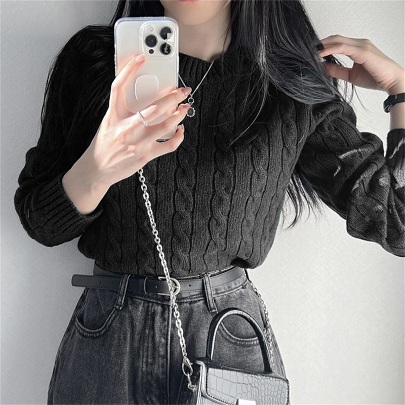 Japanese Sweater Preppy Style Short Cable-knit Sweater Round Neck Long Sleeve