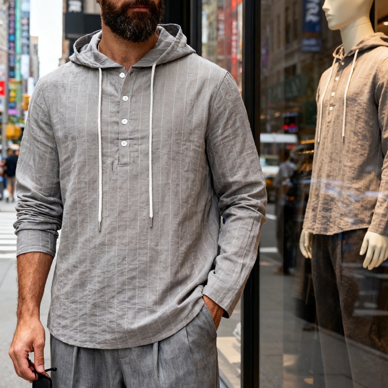 Mens Loose-Fit Casual Long-Sleeve Hooded Shirt
