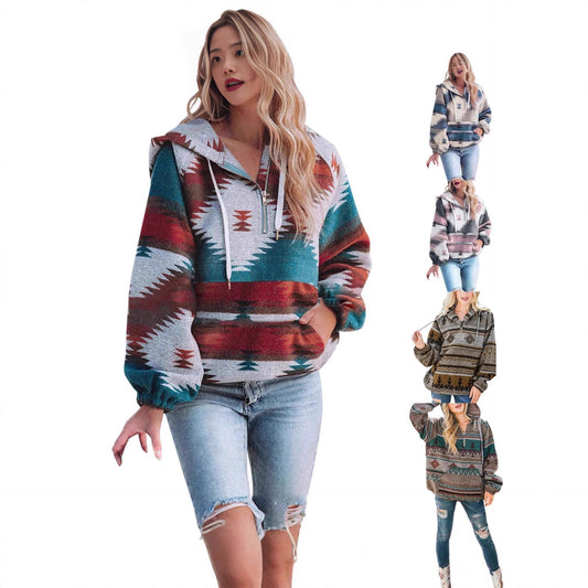 Retro sweatshirt til kvinder med halv lynlås og lange ærmer