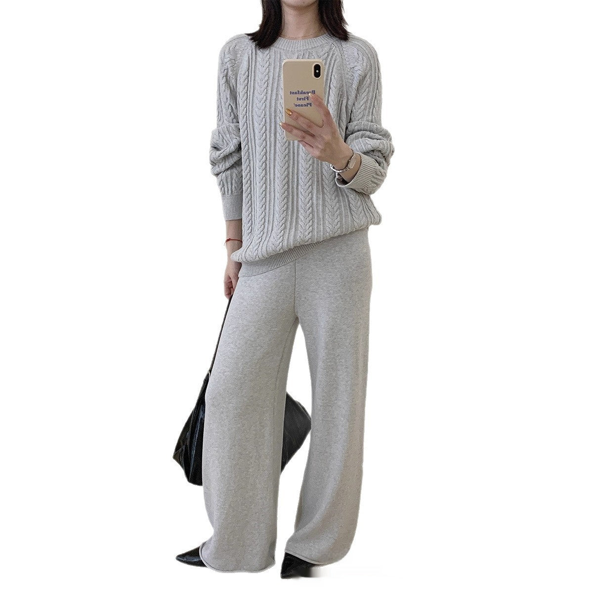 Round Neck Knitted Long Sleeve Vertical Stripe Twist Loose All-matching Top Soft Trousers