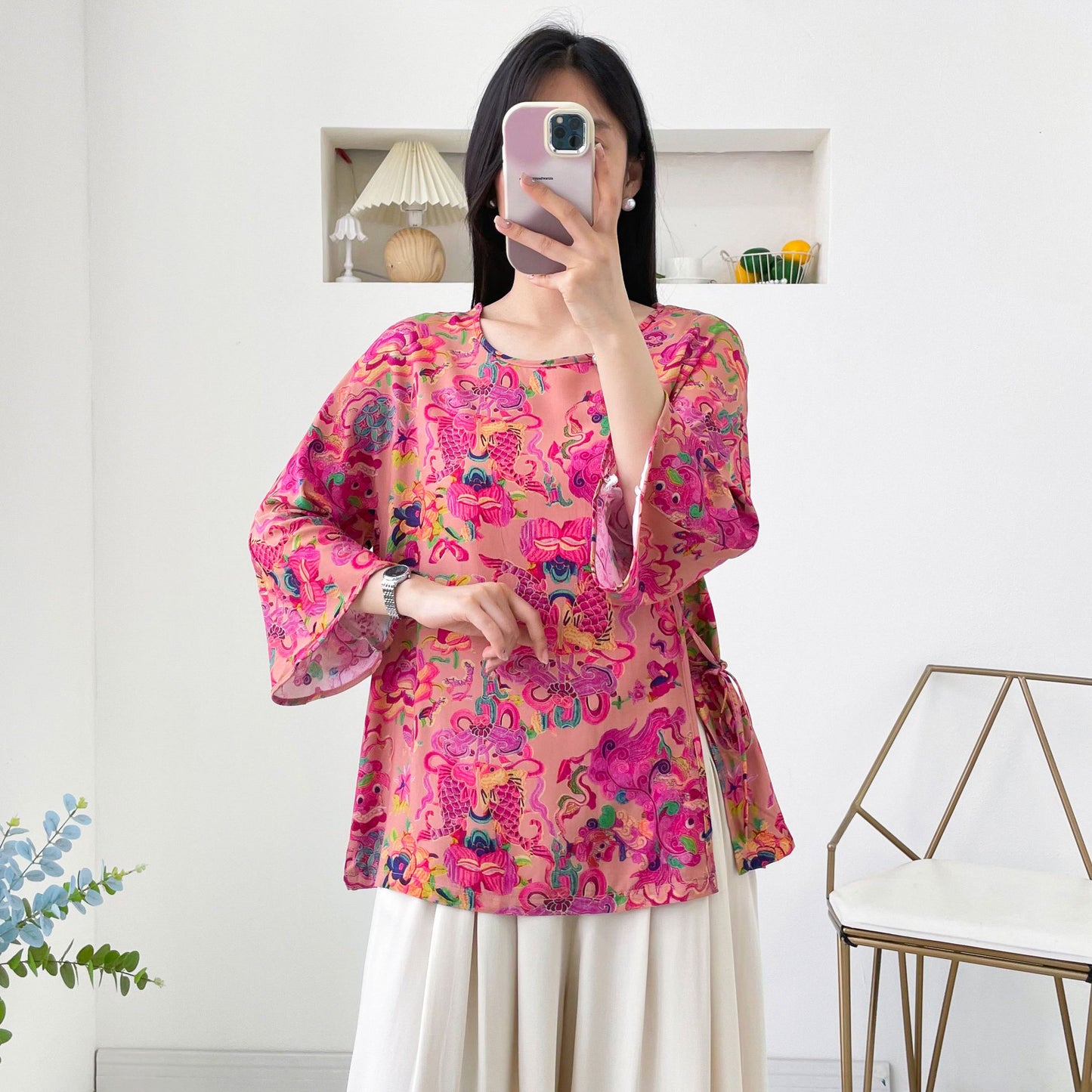 Womens Relaxed-fit Chinese-style Shirt With Flared Sleeves