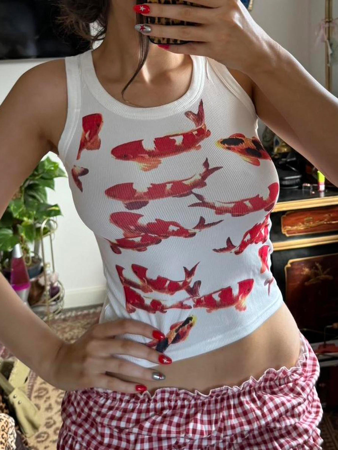 Dame Top med Guldfisketryk i Amerikansk Vintagestil