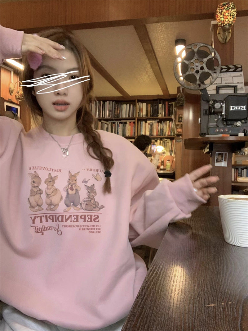 Pink Cute Rabbit Niche Pullover Sweater For Women