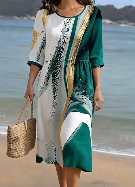 Women's Casual Round Neck Mid Sleeve Print Cotton And Linen Dress