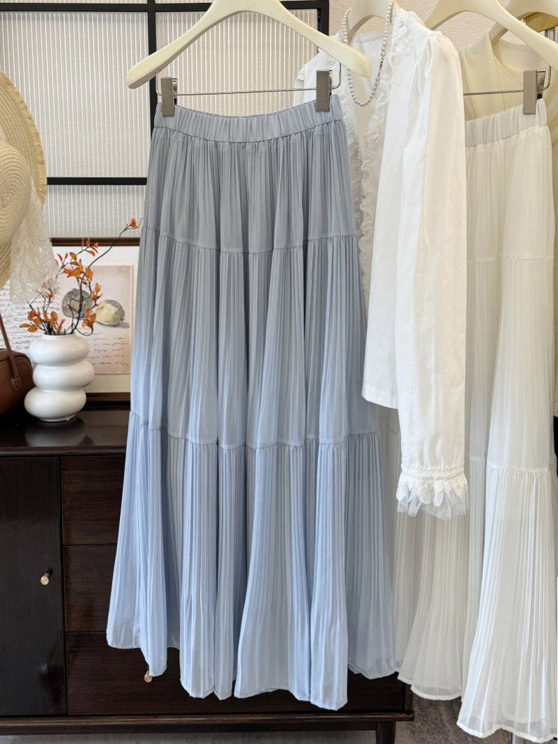 Womens Solid-Colored French-Style Retro Elegant Pleated High-Waist Skirt
