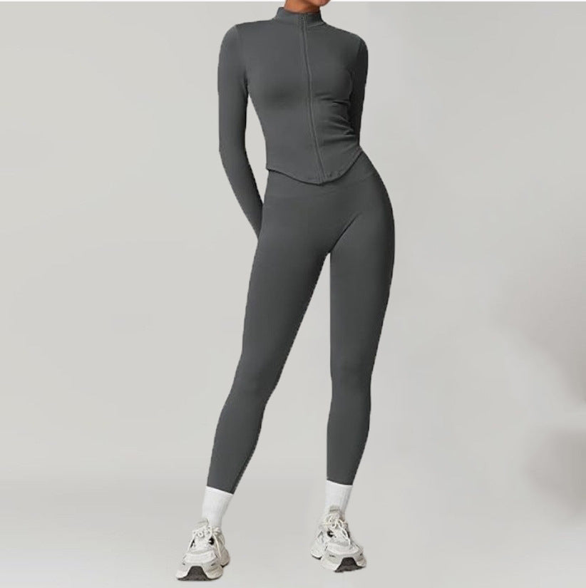 Stand-up Collar Zip-up Long-sleeve Yoga Jacket Workout Set