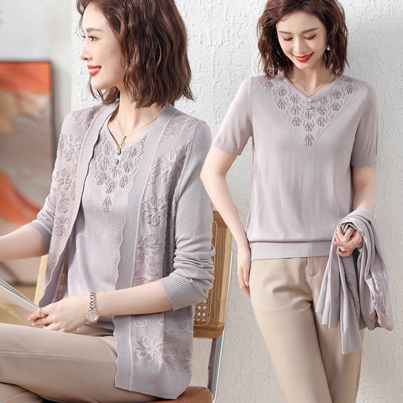 Spring Wear For Moms Fashionable Jacket Thin Knitted Cardigan Two-piece Suit