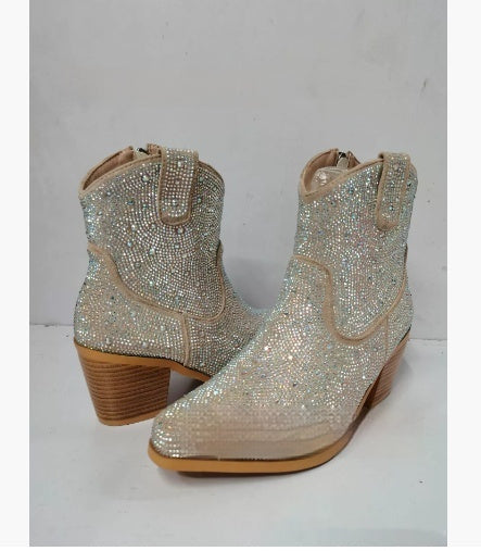 Pointed High Heel Chunky Heel Sequins Hot Rhinestone Fashion Plus Size Ankle Boots