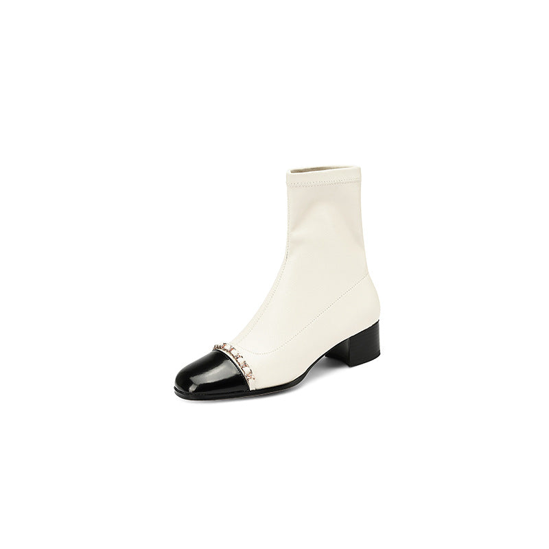 Women's Full Leather Thick Heel Comfortable Round Toe Short Boots