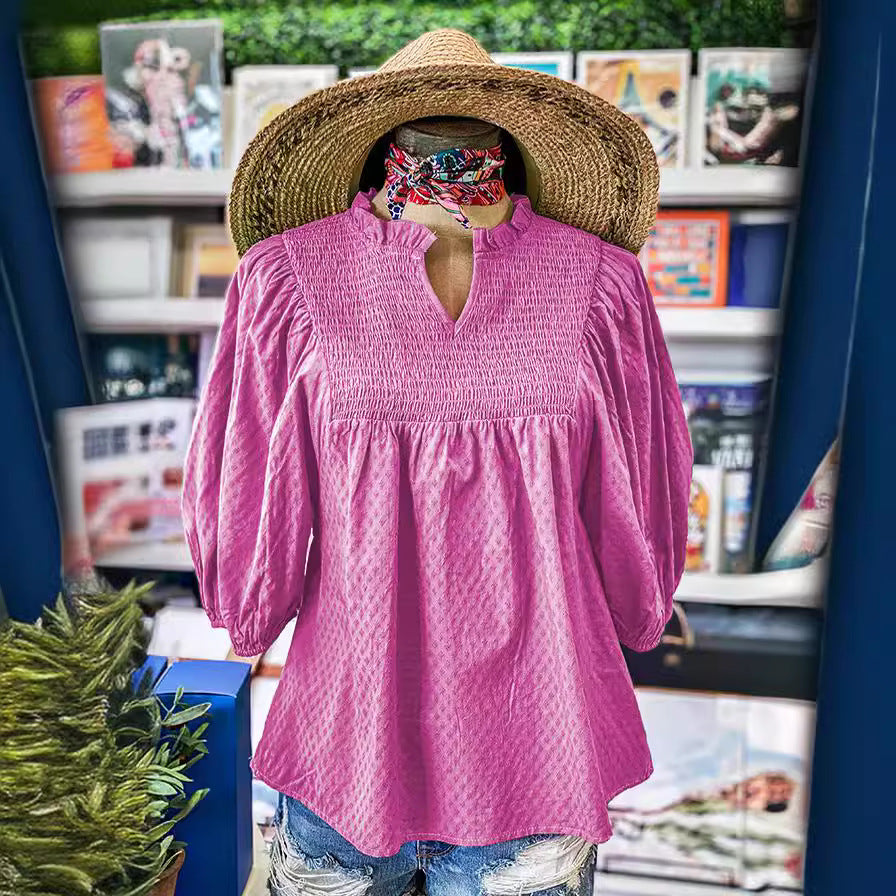 Bell Sleeve Gathers Cotton V-neck Gathers T-shirt