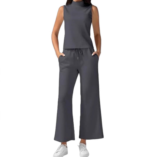 Turtleneck Slim-Fit Solid-Color Loungewear Cropped Pants Set With Drawstring