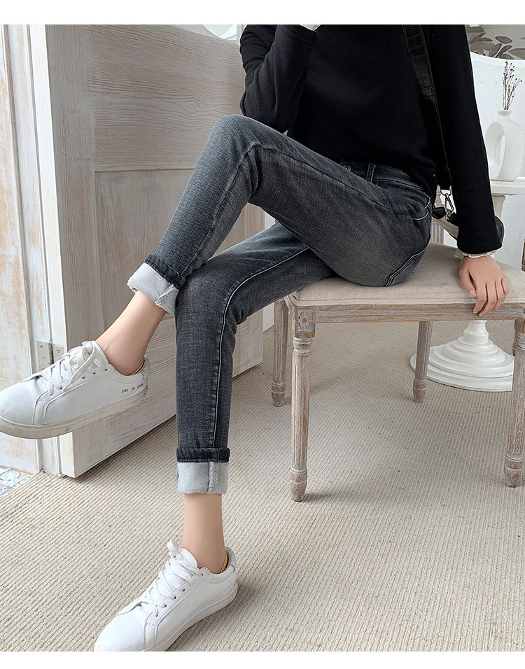 Women's Retro Blue Skinny Pants With Fleece Feet