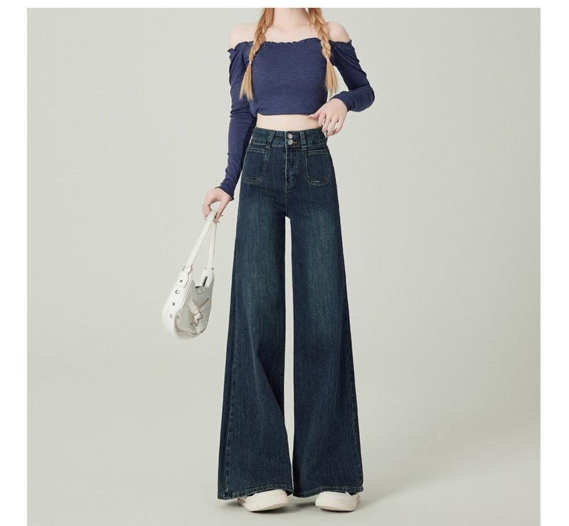 Dame-vintageblå jeans med høj talje