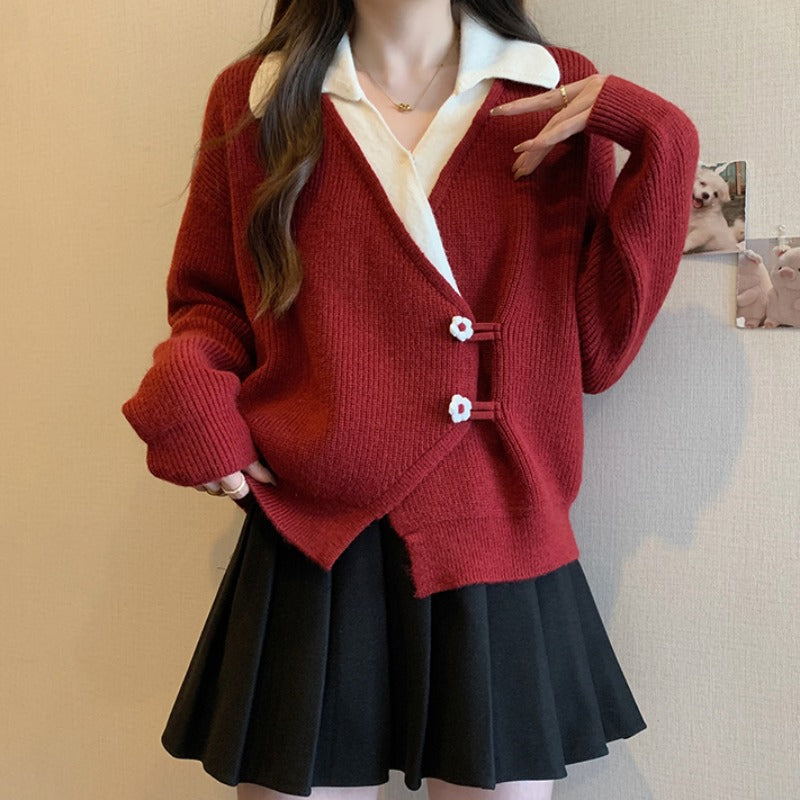 Chinese Style Red Irregular Sweater Coat For Women
