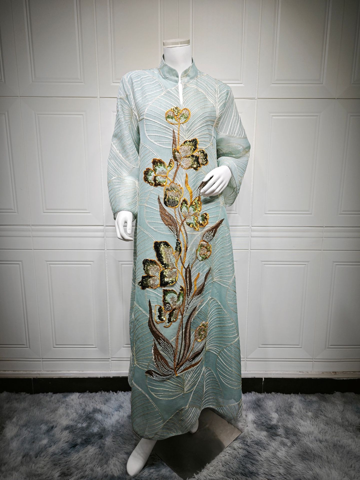Womens Fashion Mesh Embroidered Long-Sleeve Dress