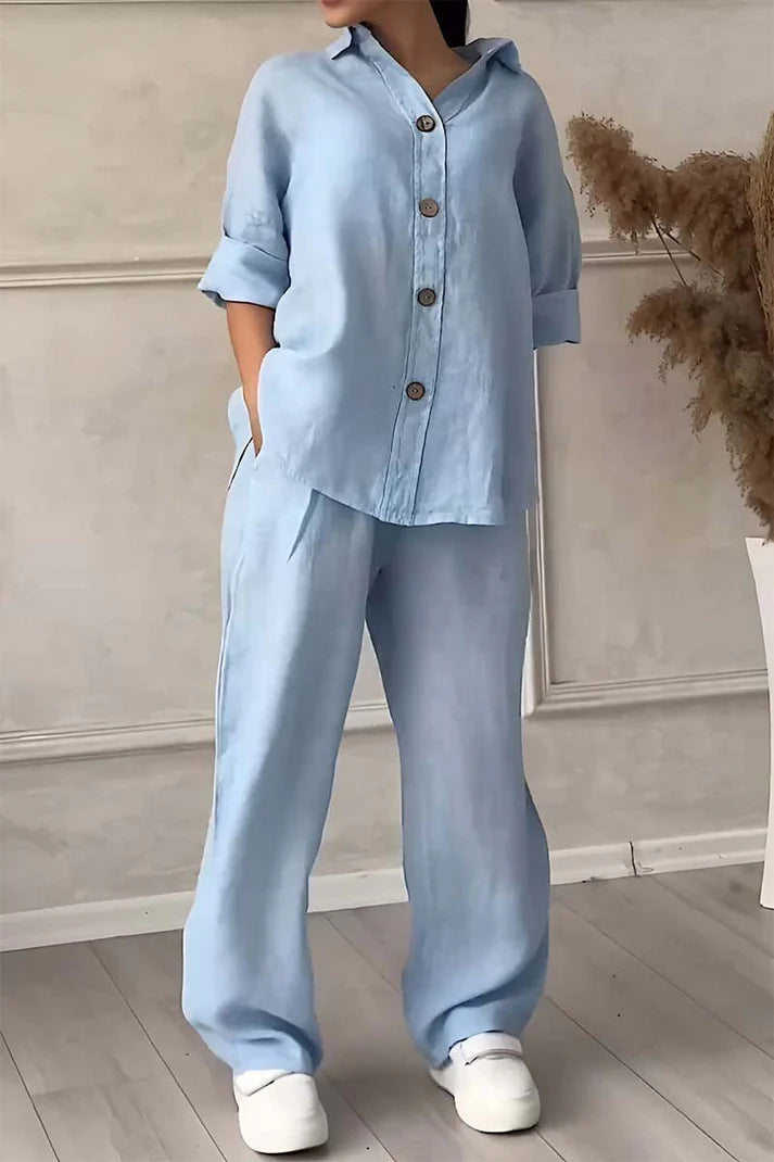 Cotton And Linen Shirt Outfit High Waist Loose Trousers
