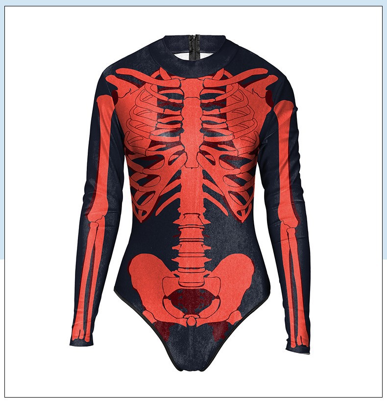 Women's Long-sleeved 3d Digital Printing Skull Skeleton One-piece Swimsuit