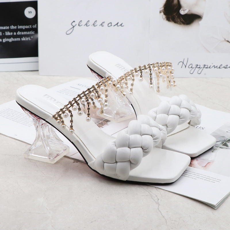 Black Chunky Woven One-line High-heeled Sandals