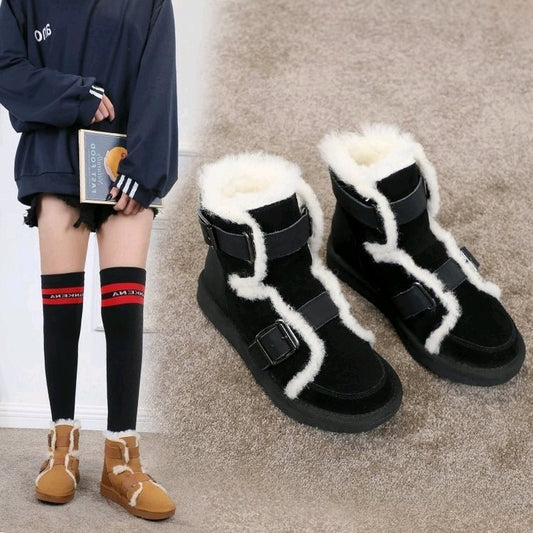 Female Fashion Belt Buckle Short Tube Velvet Martin Boots