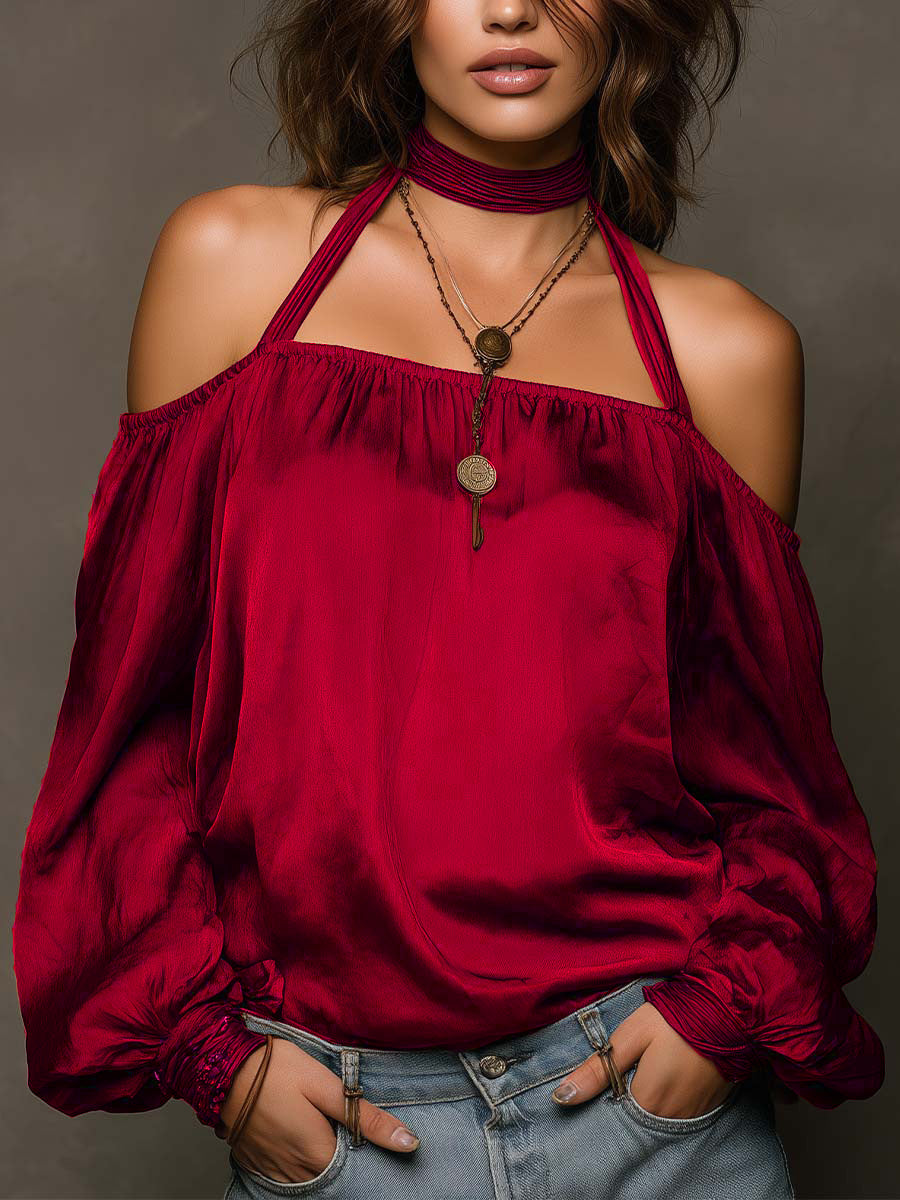 Womens Stylish Casual Off-shoulder Satin Top