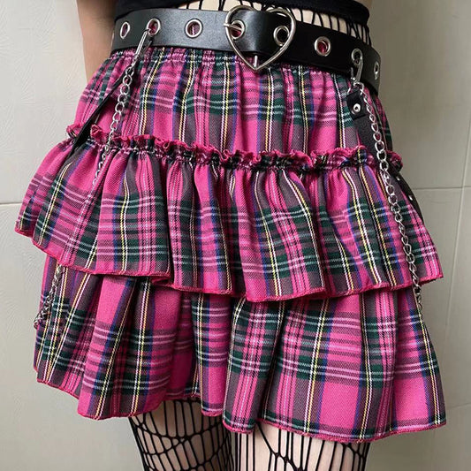Women's High Waist Fungus Plaid A- Line Half-length Slim-fit Pleated Miniskirt