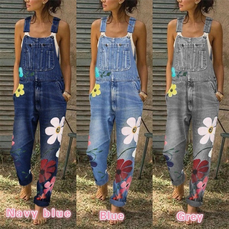 Ladies Printed Washed Denim Overalls Trousers