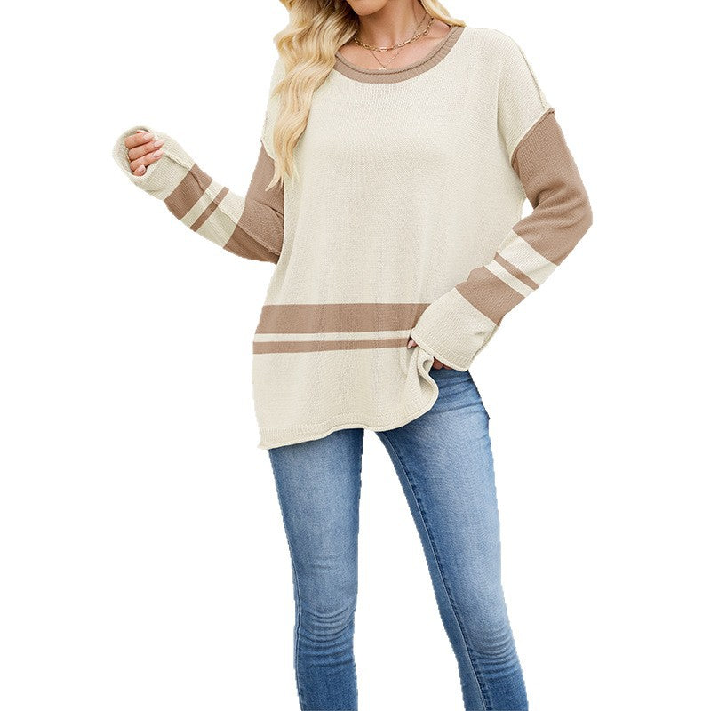 Color-block Crew Neck Loose Versatile Jumper