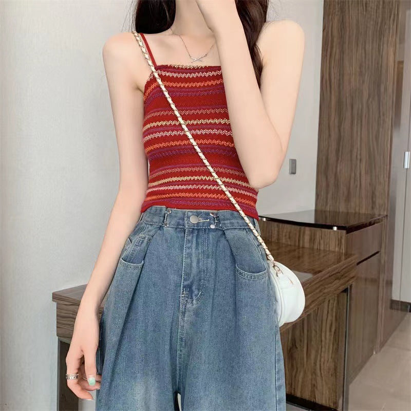 Colorful Striped Knitted Small Suspender Women's Vest