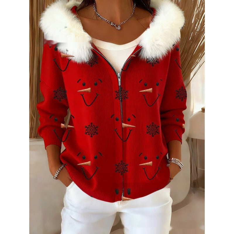 Stilfuld 3D Digital-Print Cardigan Til Damer Med Faux Fur Hætte