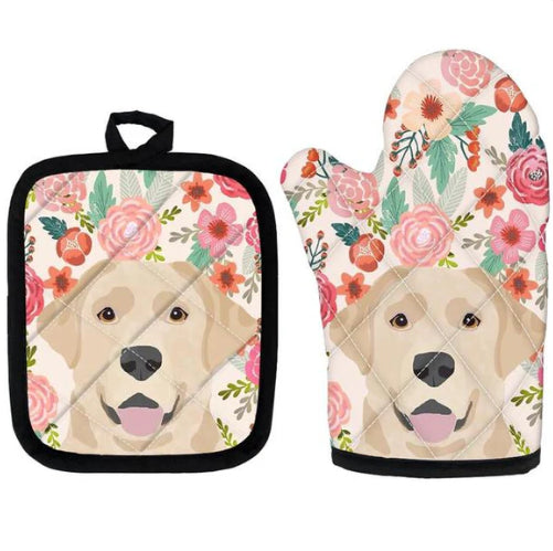 Cute Pug Print Insulated Oven Mitt And Trivet Set 2 Pieces