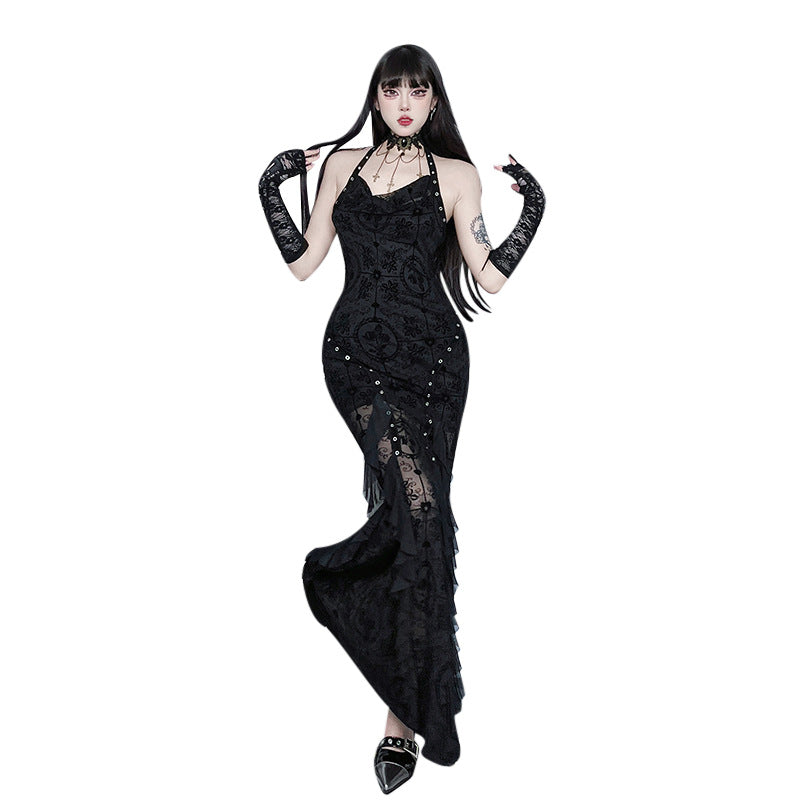 Dark Gothic Flocked Off-Shoulder Slip Maxi Sexy Bodycon Slip Dress