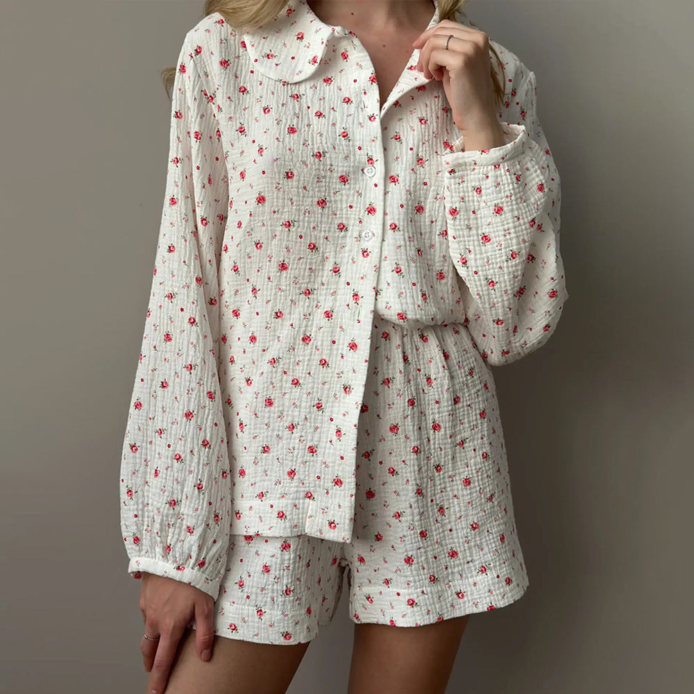 Womens Cotton Printed Long-Sleeve Top And Shorts Set
