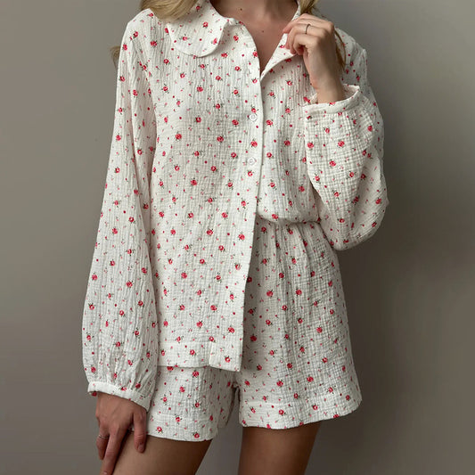 Womens Cotton Printed Long-Sleeve Top And Shorts Set