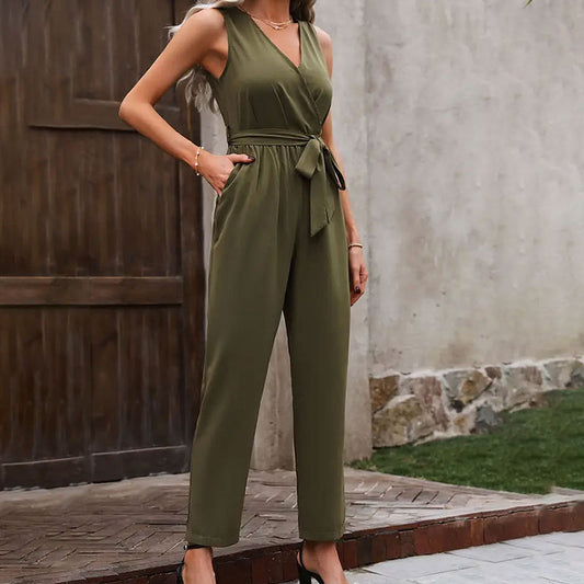 Elegant Commuter Sleeveless Cross Collar Waistline Lace-Up Jumpsuit