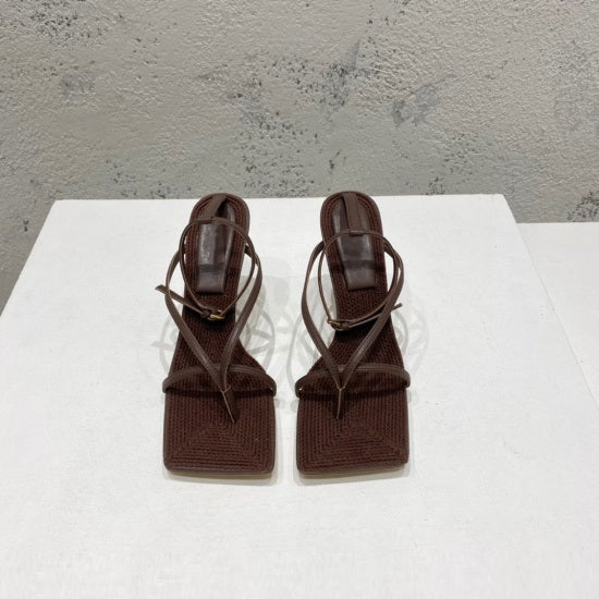 Square-toe High-heel Sandals In Woven Mesh And Leather