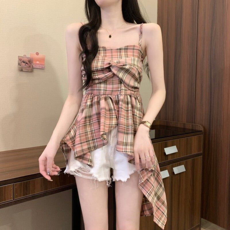 Dopamine Contrast Color Plaid Irregular Spaghetti-strap Vest