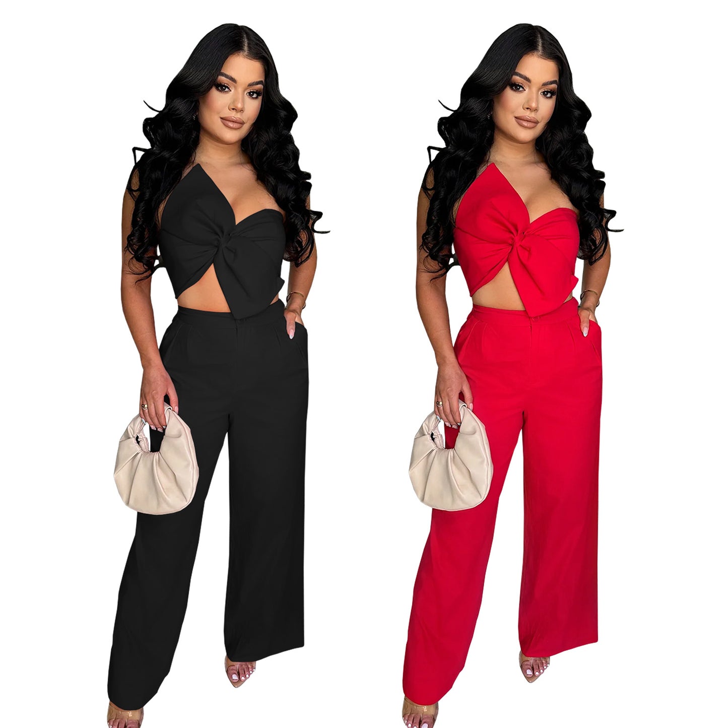 Women's Wear Sexy Bow Casual Trousers Two-piece Set New