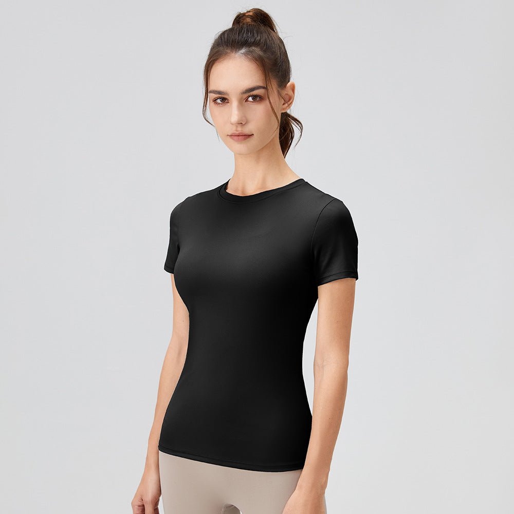 Ensfarvet Yoga Kortærmet Rundhalset Hurtigtørrende Løbe Trænings T-shirt Stram Trænings Yoga Tøj