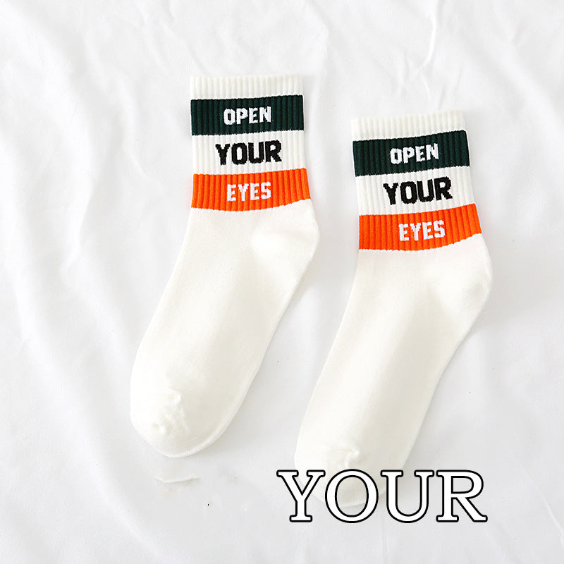Spring And Autumn Ladies New Mid-calf English Letters Wide Stripe Combination Ins Trend Athletic Socks Combed Cotton Women's Socks Manufacturer