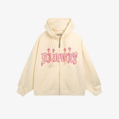 Apricot Sweater Letter Printed Cardigan Zipper Coat