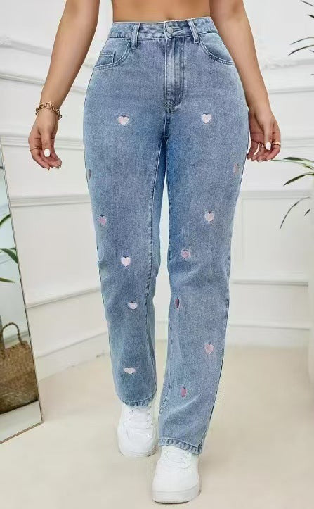 Embroidered Straight-Leg Loose-Fit Stretch Womens Denim Trousers  Affectionate