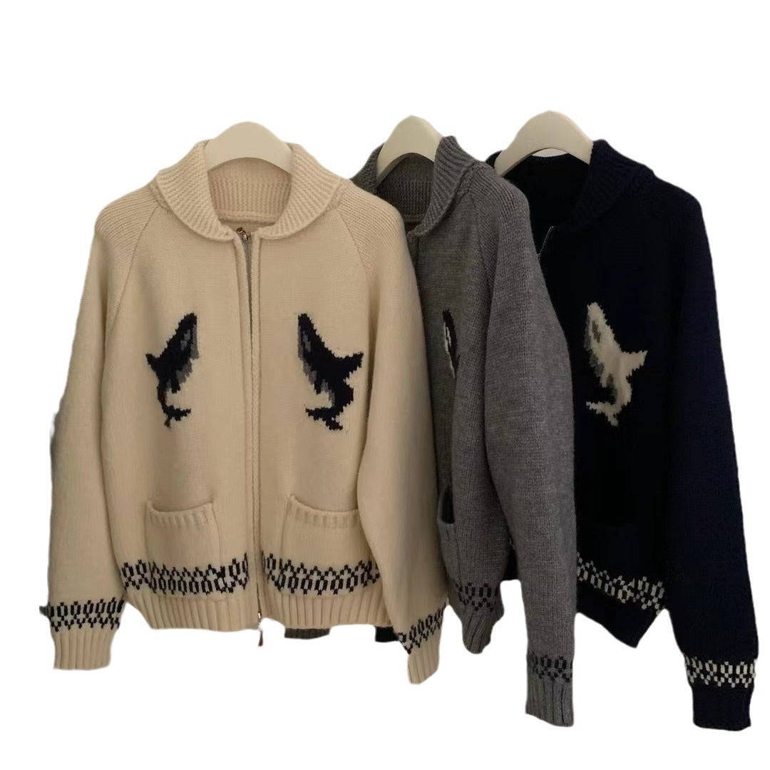 Korean Style Heavy Industry Cartoon Dolphin Lapel Zipper Knitted Cardigan