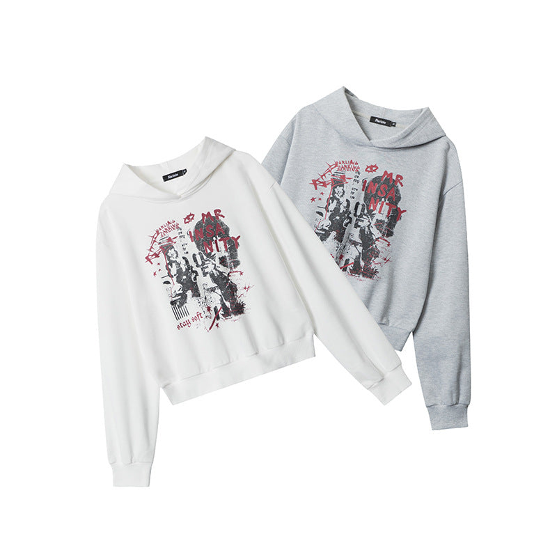Letter Printed Hoodie Women's Retro Hooded Short
