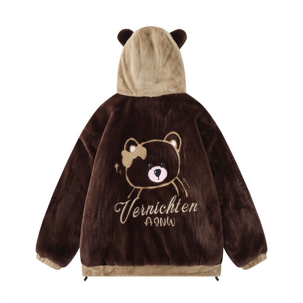 Cute Embroidered Bear Ear Hooded Lamb Plush Coat