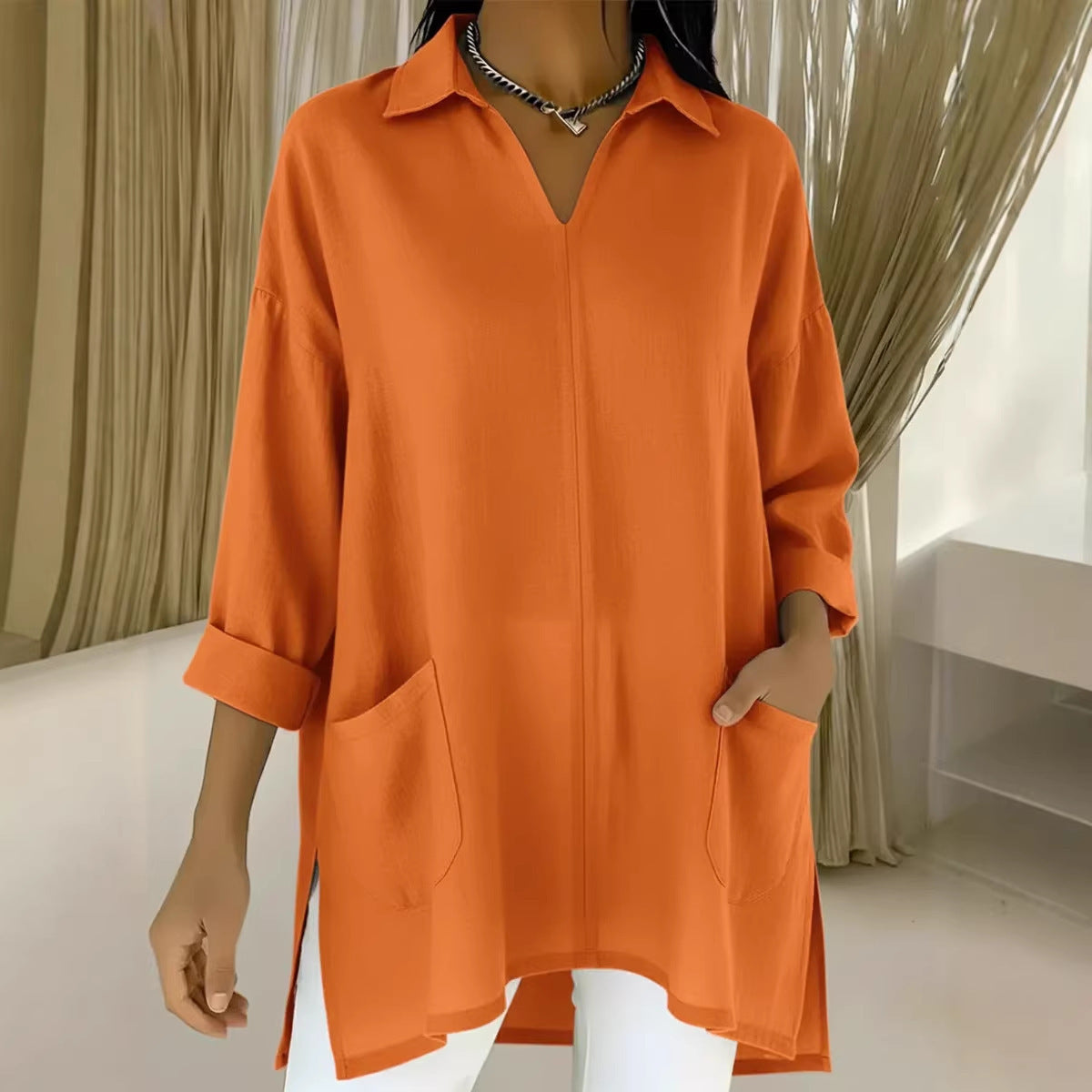 Womens Fashion Solid-color Pocket Shirt With A Loose-fitting Collar