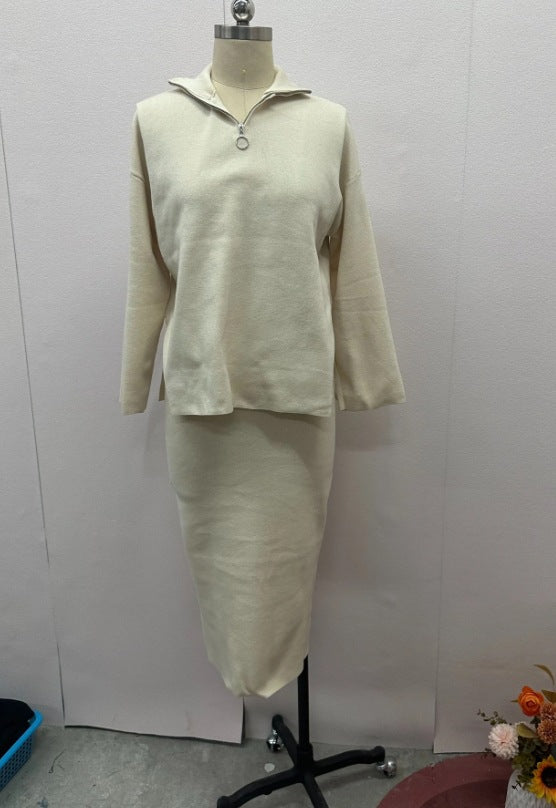 Fashion Solid Color Loose Zip Casual Skirt Suit Women