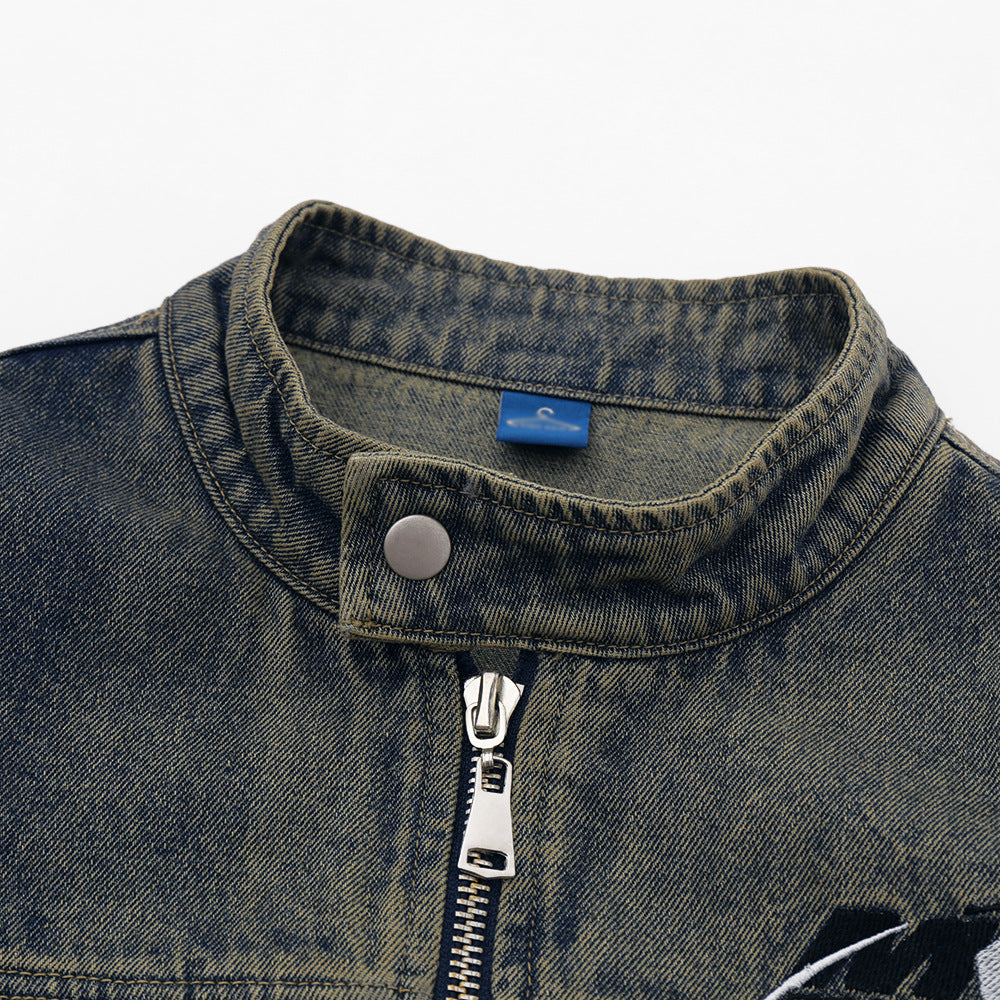 Washed And Worn Zipper Pocket Denim Jacket
